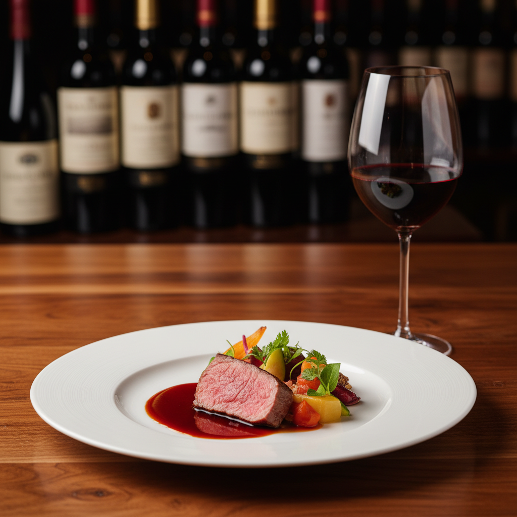 Um prato gastronômico contemporâneo cuidadosamente montado em um prato de cerâmica branca de borda larga, com um corte de carne rosado no ponto perfeito, molho reduzido brilhante e guarnições coloridas de legumes e ervas frescas, acompanhado ao lado por uma taça de vinho tinto intenso. A mesa é de madeira nobre, com textura visível e acabamento acetinado, sem toalha. Ao fundo, garrafas desfocadas sugerem uma carta de vinhos variada. A iluminação é quente e direcional, vindo de cima e ligeiramente de lado, desenhando sombras suaves e realçando volumes. A composição em regra dos terços dá destaque ao prato e à taça, transmitindo sofisticação, apuro técnico e a ligação entre vinho, gastronomia e mercado.