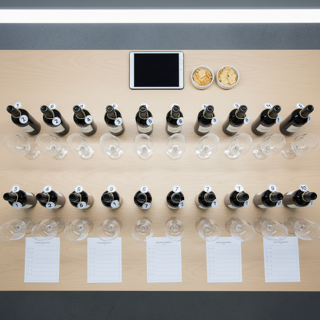 Uma mesa de degustação profissional vista de cima, com um arranjo organizado de garrafas de vinho numeradas sem rótulos visíveis, taças vazias perfeitamente alinhadas, fichas em branco, um tablet elegante desligado e pequenos recipientes de crackers neutros. A superfície da mesa é de madeira clara com textura suave, lembrando um ambiente de laboratório sensorial. A luz é branca e difusa, vinda de painéis superiores, sem sombras duras, criando um ar clínico e metódico. A composição em visão aérea mostra todo o conjunto com nitidez, transmitindo objetividade, análise e seriedade, ideal para ilustrar matérias sobre avaliações profissionais, concursos de vinho e conteúdo técnico do mercado brasileiro.