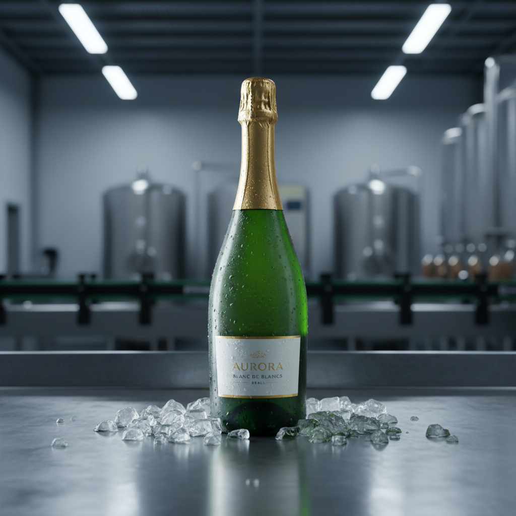 Uma cena minimalista com uma única garrafa de espumante de vidro verde claro, com cápsula metálica dourada brilhante e rótulo limpo, posicionada no centro de uma bancada de inox escovado, cercada por cubos de gelo transparentes e gotas de condensação na superfície da garrafa. Ao fundo, discretas silhuetas desfocadas de equipamentos industriais de uma vinícola moderna sugerem produção em escala. A iluminação é fria e técnica, vinda de luminárias industriais superiores, criando reflexos precisos no metal e no vidro. Enquadramento frontal, com profundidade de campo média, clima profissional e orientado a negócios, ideal para notícias sobre inovação, mercado de espumantes e indústria de bebidas no Brasil.